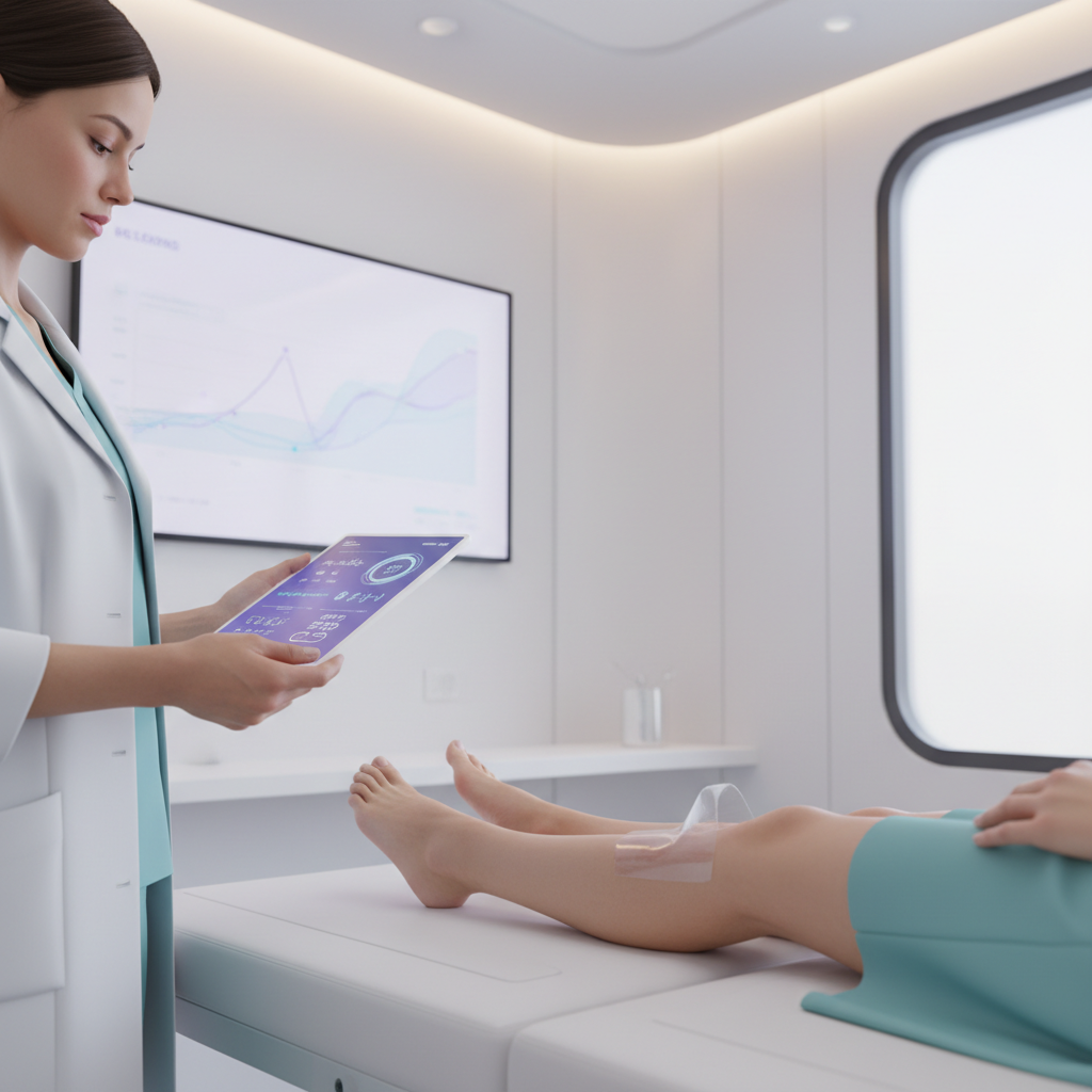 Clinician providing advanced wound care while reviewing wound-healing data on a tablet to help prevent hospital readmissions.