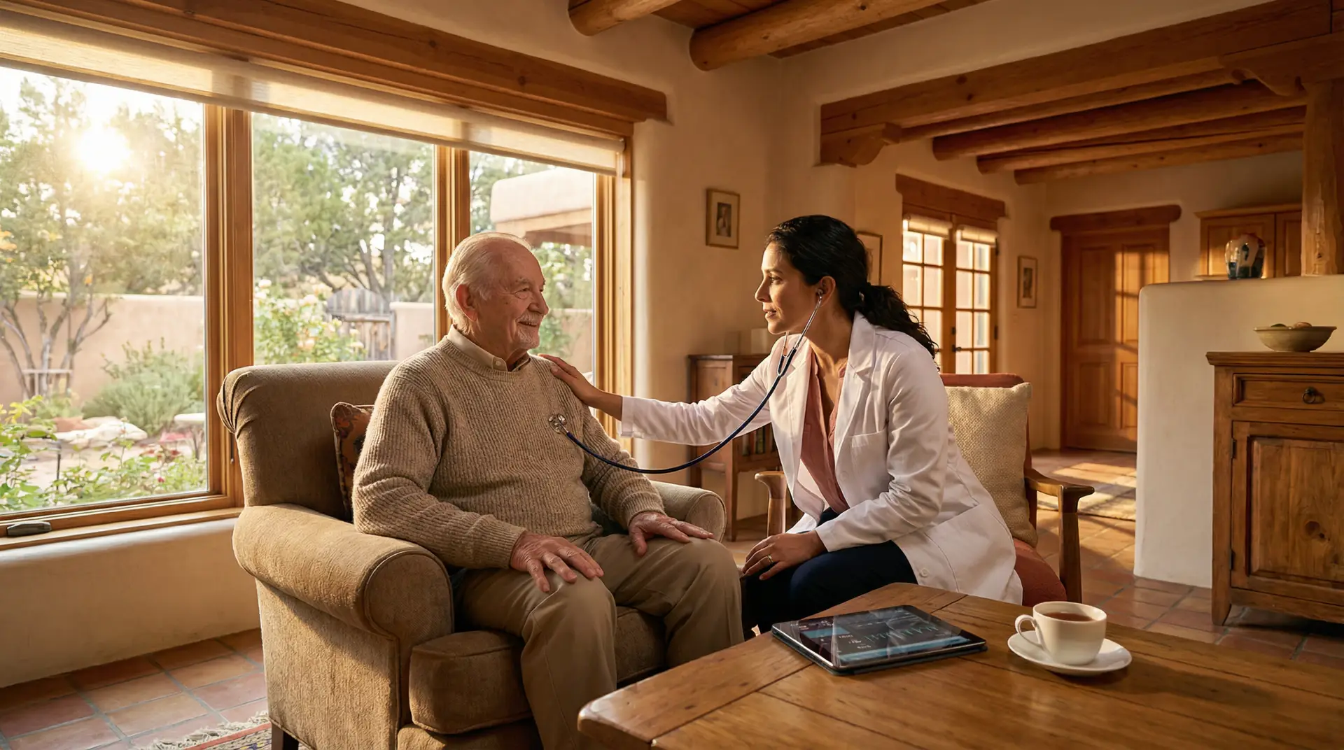 Board-certified physician providing house call to elderly patient at home in San Antonio, TX