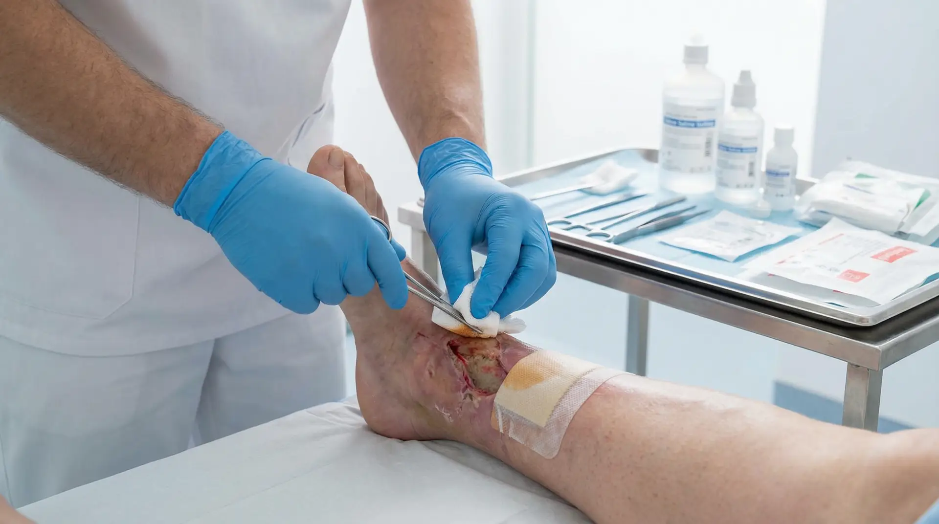 Physician performing advanced wound care assessment and treatment at patient bedside