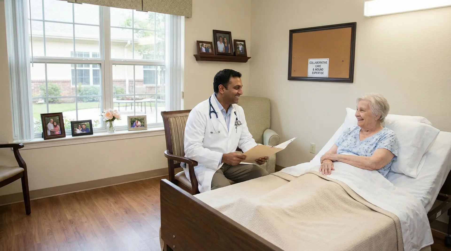 Physician providing regular rounding care to patient in skilled nursing facility