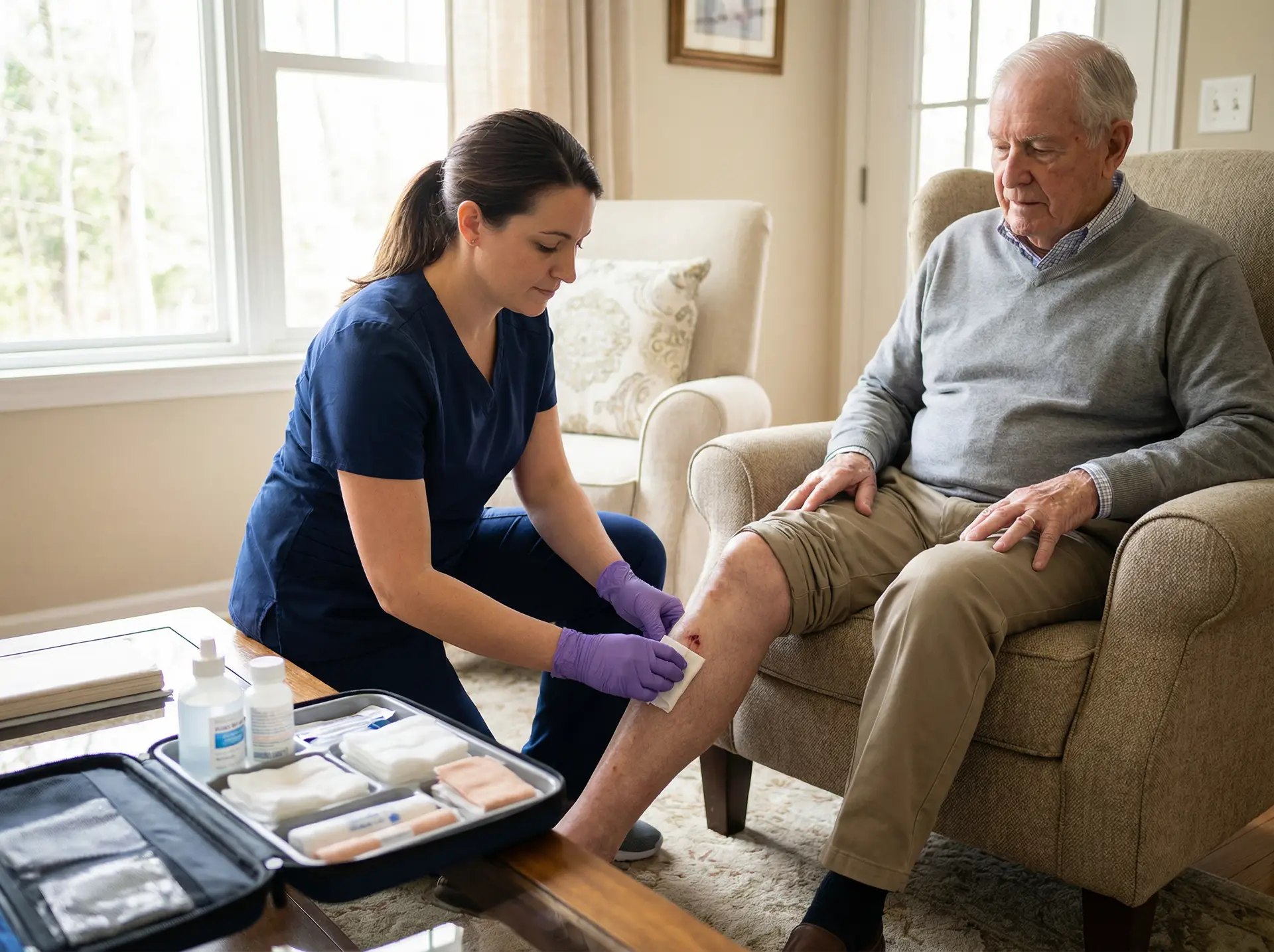 Advanced wound care treatment being provided by physician at patient's home