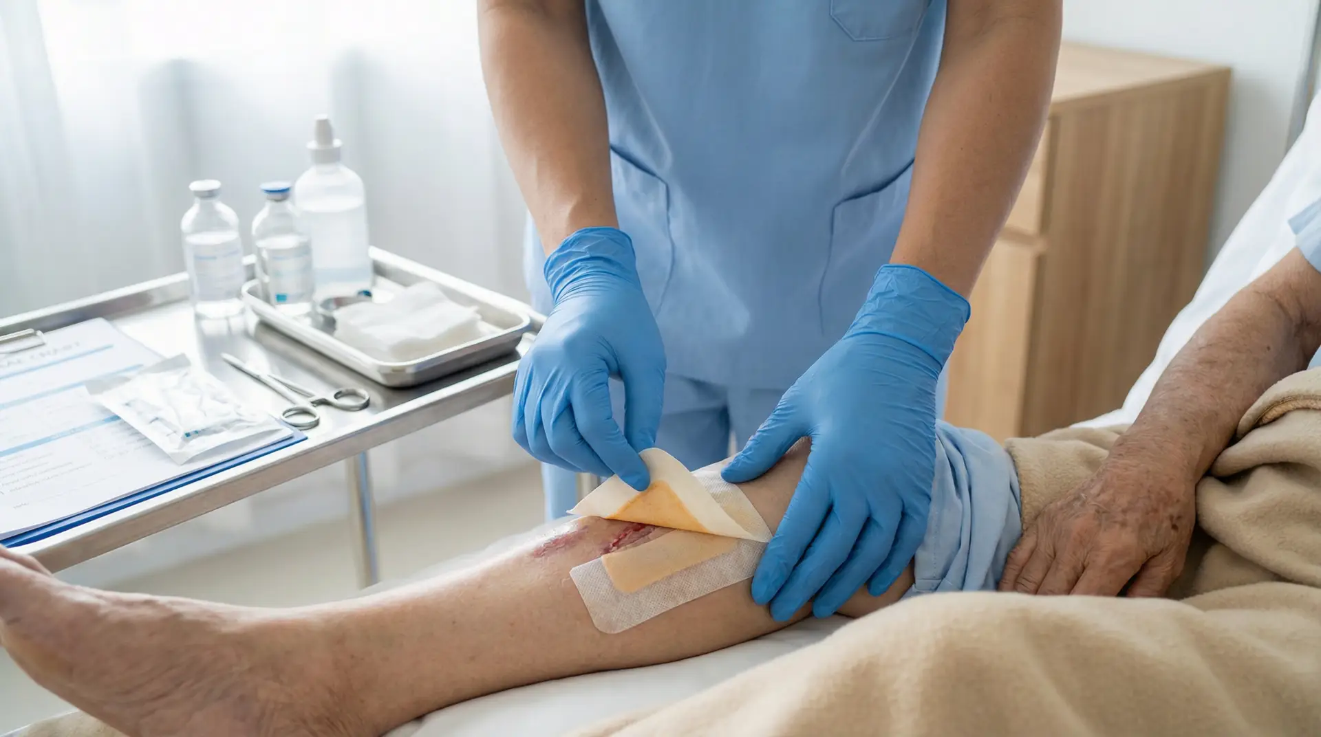 Wound care nurse from Vitality Health at Your Door team providing treatment at facility